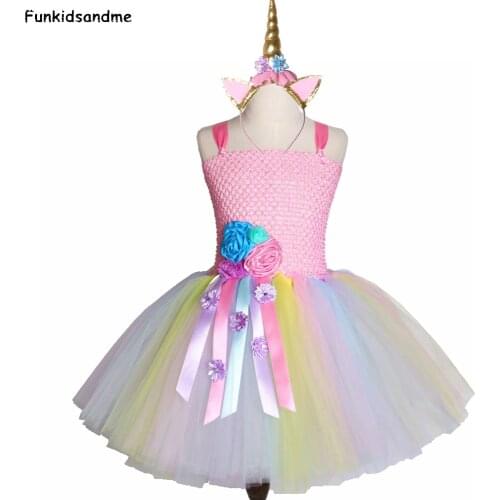 Kids Girls Unicorn Tutu Dress Pastel Ribbons Flower Girl Birthday Party Dresses Children Girls Halloween Cosplay Unicorn Costume