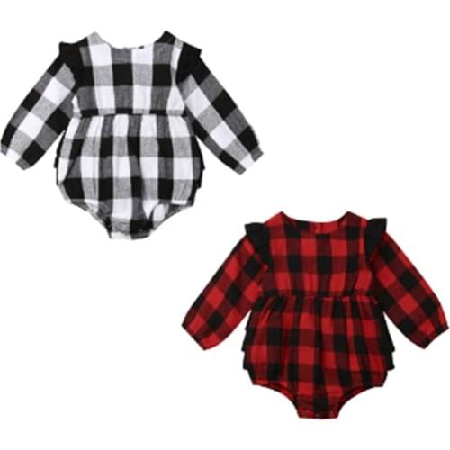 Newborn Baby Kid Girl Plaid Christmas Romper Clothes Long Sleeve Off Shoulder Jumpsuit Autumn Winter Outfits 0-18M