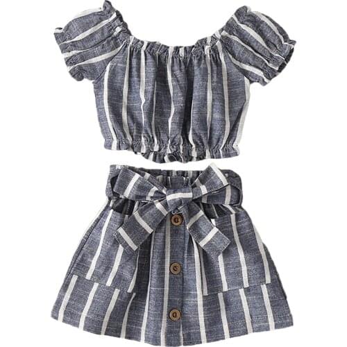 2 Pieces Kids Suit Set, Striped O-Neck Short Sleeve Tops+ A-Line Skirt with Waist Belt for Summer