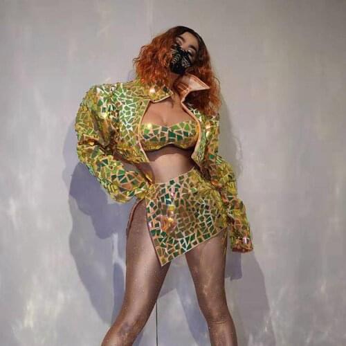 Sexy Gold Sequin 3-piece Set Bra+skirt+ Jacket Women Nightclub Party DJ Stage Outfit Sets Hip Hop Singer Dancer Performance Wea