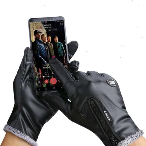 NEW Outdoor windproof waterproof zipper leather gloves Mens winter touch screen women Plush warm motorcycle riding mittens black