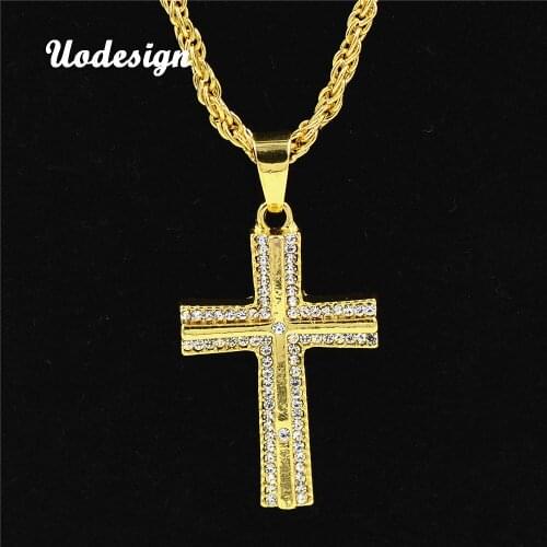 Uodesign Hip Hop Alloy Gold Color Cross Pendant Necklace Religious Iced Out Rhinestone Crucfix Necklace Jewely Men Necklace