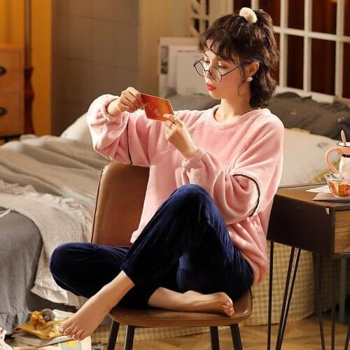 JULYS SONG Coral Fleece Women Pajamas Set Autumn Winter Casual Thick Flannel Simple Warm Sleepwear Long-sleeved Homewear