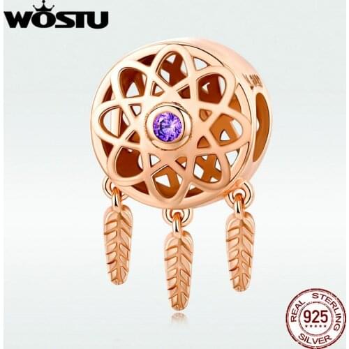 WOSTU 925 Sterling Silver Dreamcatcher Charm Rose Gold Beads Fit Original Bracelet Pendant Wedding Jewelry Making DXC330-C