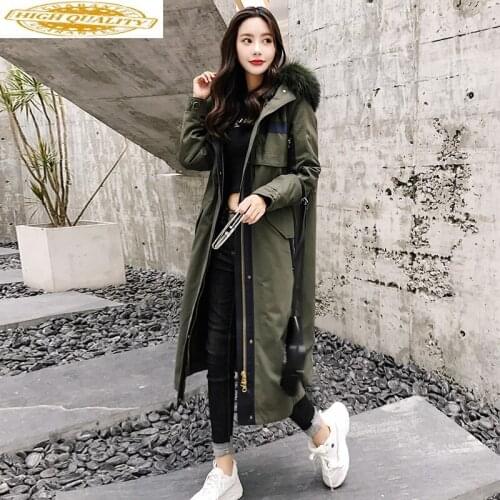 Luxury Natural Rabbit Fur Liner Parka 2020 Winter Jacket Women Raccoon Fur Collar Long Trench Coat Female Parkas MY3585