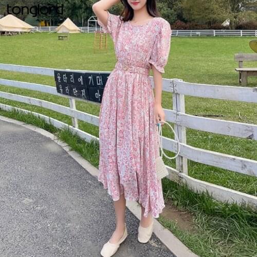 Chic Floral Printed Long Dresses For Women Puff Short Sleeve Elegant O-Neck Casual Chiffon Dress Female Vestidos Plus Size S-4XL