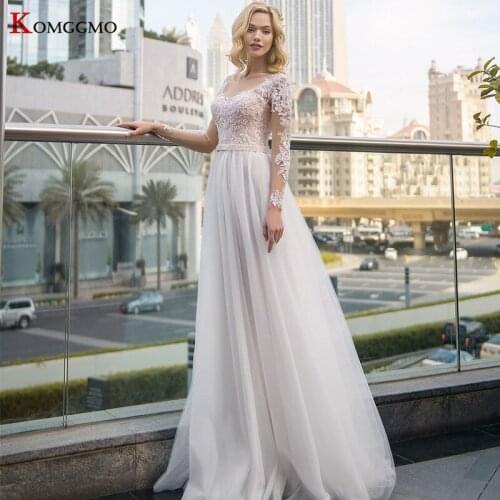 Custom Made O-Neck Full Sleeve Sweep Train Bridal Gown High-End Button Back Embroidery Appliques Tulle A-Line Wedding Dress