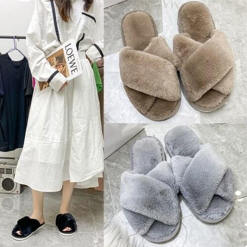 2020 autumn and winter cross hairy slippers women flat bottom home drag non-slip parent-child plush cotton slippers open toe