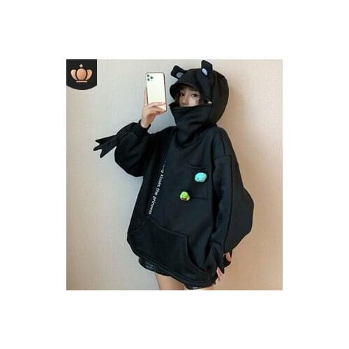 Cartoon Lovers Cute Long Sleeve Sweatshirt Loose Printing Tops Casual High Collar Pocket Frog Head Warm Hoodie Pullover Clothes