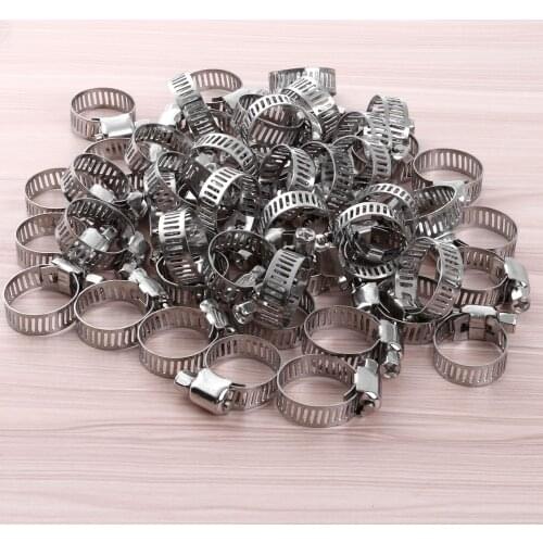 50pcs Hose Clamp Pipes Plumbing Parts Silver 304 Stainless Steel Polished Adjustable Duct Worm Gear Dryer Vent Hose Clamp