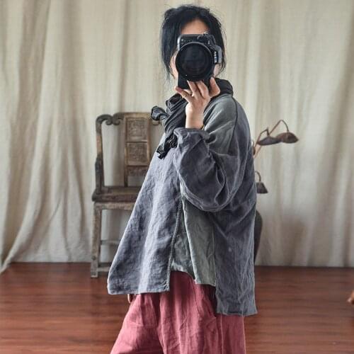 Big Size Ladies Blouse Cotton Lnen Loose 2021 Spring Autumn Thin Embroider O neck Contrast Color Casual Loose Female Tops