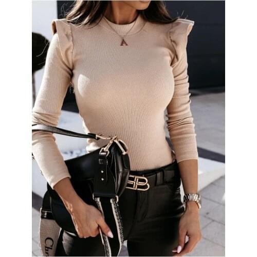 Autumn New Women Knit Blouses Elegant Fashion Lady Ruffles Trim Long Sleeve Crew Neck Solid Color Tops Slim Fit Plain Blouse