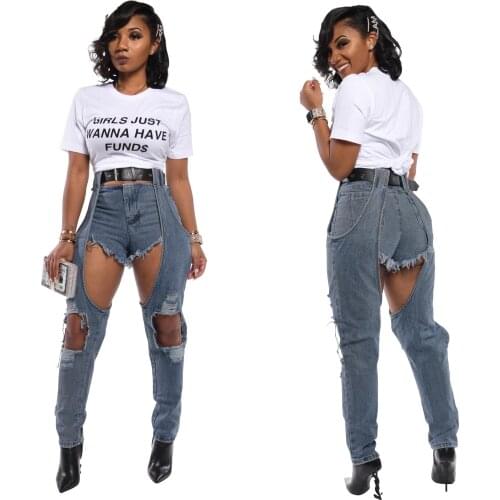 FNOCE autumn womens jeans street fashion solid hight waist loose hole hollow out retro ripped jeans trousers