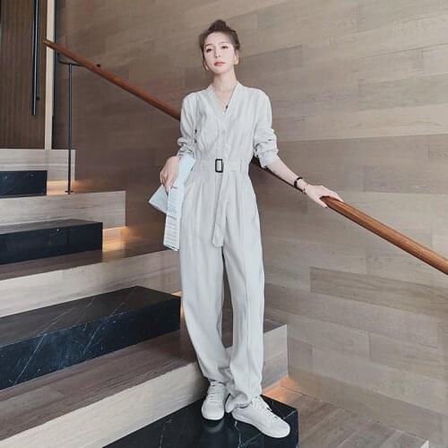 Spring Autumn Women Elegant Korean White Wide Leg Jumpsuit Long Sleeve V-neck One Piece Pants Sets Loose Casual Overalls Romper