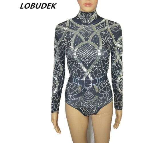 Women Nightclub Crystals Costume Silver Black Rhinestones Bodysuit Sexy DJ Singer Elastic Leotard Stage Wear Jazz Dance Clothing