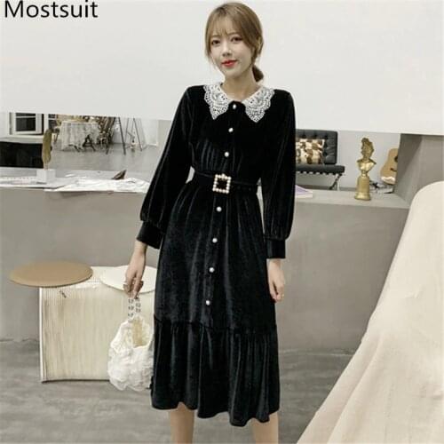 2020 Spring Vintage Black Velvet Long Dress Women Long Sleeve Lace Collar Dresses Single-breasted Sashes Pleated Fashion Vestido
