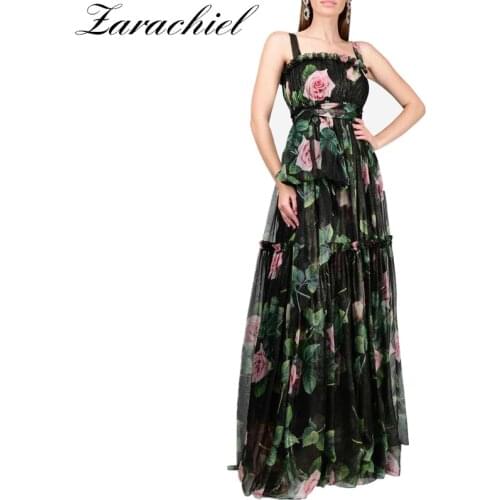 Fashion Summer Runway Maxi Dress Womens Spaghetti Strap Ruffles Rose Floral Print Elastic Waist Chiffon Long Dress With Belt