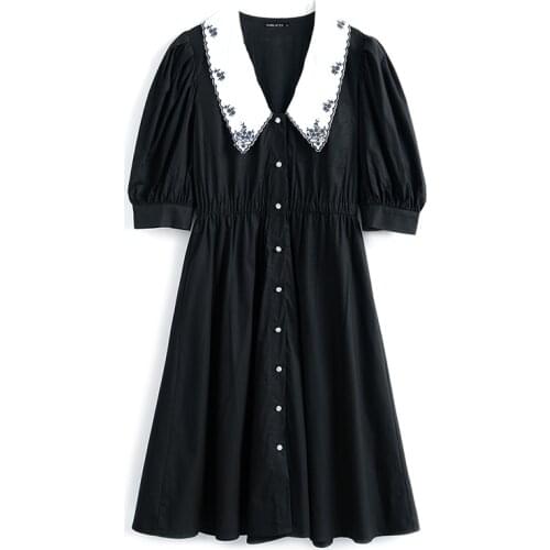 PERHAPS U Women Black Embroidery Peter Pan Collar Puff Short Sleeve Double-breasted Empire A-line Mini Dress Summer D2647