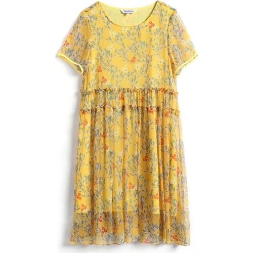 2020 New Summer Silk Dress Women Casual Vintage Large Size 5XL Short Sleeve Lady yellow floral Dress V502