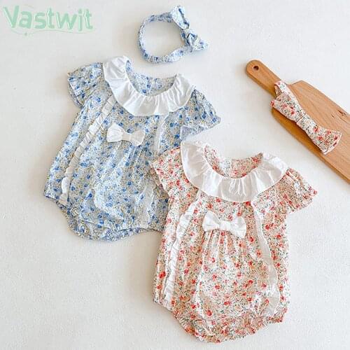 2021 Baby Summer Clothing Infant Newborn Baby Girl Floral Romper Short Sleeve Ruffled Collar Bowknot Jumpsuits With Headband
