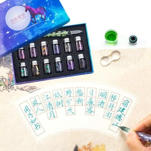 3/7/13Pcs crystal glass pen color dip pen glitter powder ink fountain pen children gift box set writing art supplies 12 colors