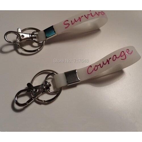 300pcs Keyring Breast Cancer Awareness Courage Survivor Keychain wristband silicone bracelets free shipping by FEDEX A