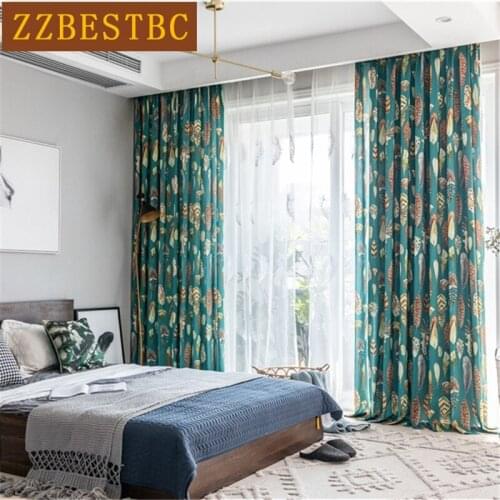 American Pastoral Feather Printing Curtains for bedroom living room High Quality Cotton Linen Short Curtains For kitchen