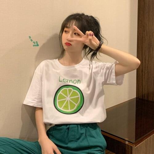 White Short-Sleeved T-shirt Womens Clothing Ins Trendy 2021 New Short High Waist Lemon Top Clothes Summer Korean Style Loose
