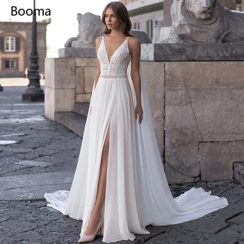 White Boho Beach Wedding Dresses V-Neck High Split Bohemian Lace Bride Dresses Open Back Watteau Train Chiffon Wedding Gowns