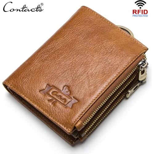 CONTACTS genuine leather RFID men wallets credit card holders mens wallet with coin pocket key man chain walet male clasp purse