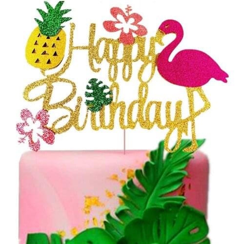 CYUAN Flamingo Pineapple Aloha Happy Birthday Cake Decor Toppers Summer Birthday Party Cupcake Topper Hawaiian Tropical Wedding