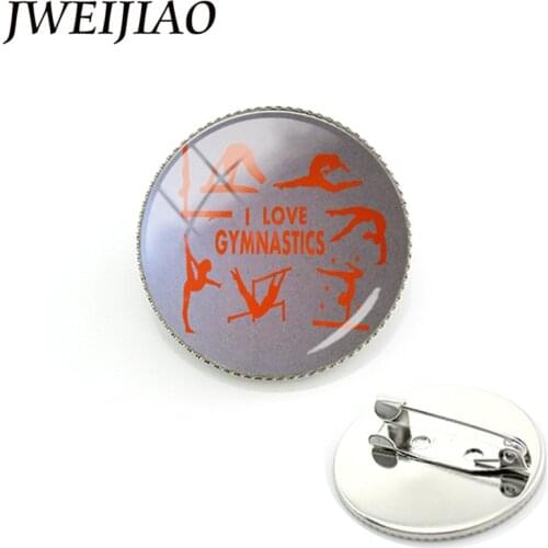 JWEIJIAO Promotional Sporty Brooches I Love Gymnastics Gym Badge Brooch Pin 25mm Glass Dome Pins For Women Men Xmas Gift GY098