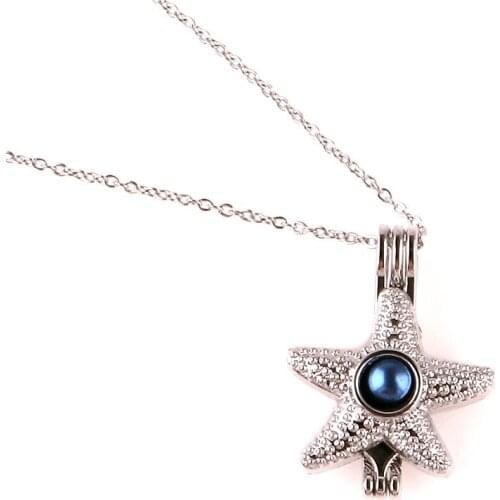 K1622 Silver copper starfish Pentagram Bead Pearl Cage Aroma Essential Oil Diffuser Locket women Necklace stainless steel chain
