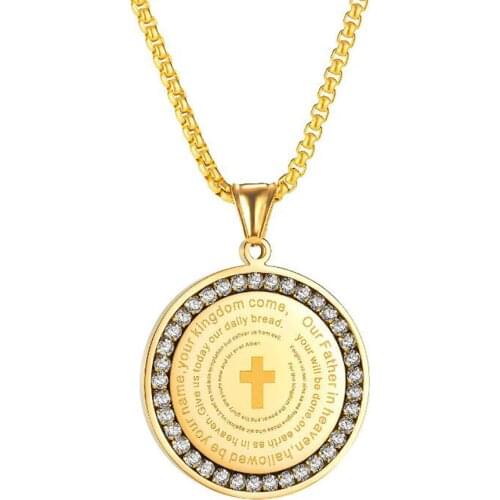 Stainless Steel Gold Zircon Stone Round Christ Bible Verse Scripture Pendant Necklace Jesus God Tag Jewelry Gift For Him