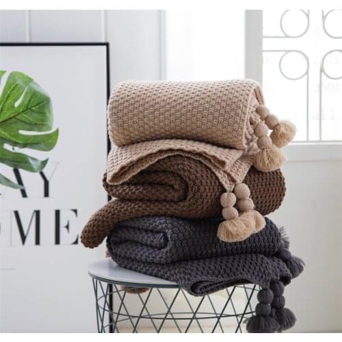 New Spring/Autumn Warm Purple Red Brown Knitted Blanket with Fringe Knitting Ball Seen on TV Sofa Blankets 130*170 Dropshipping