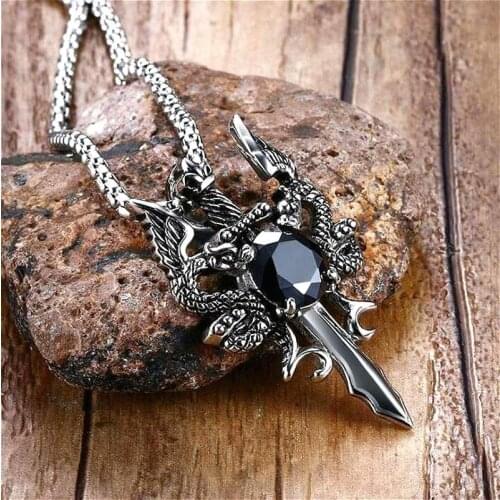 Fashion Design Dragon Necklace Pendant Mature Mens Standard Double Dragon Cross Pendant Steel Sword Necklace Jewelry Gift