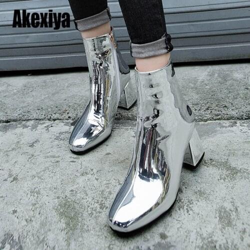 Fashion Gold Silver Patent Leather Women Ankle Boots Square Toe High Heel Boots Sexy Women Pumps Black ankle boots u308