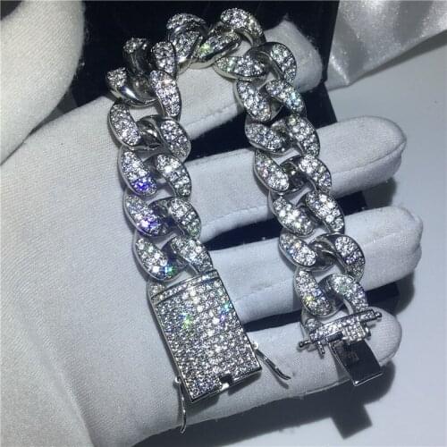 Handmame Male Big Hiphop Chain bracelet Pave setting AAAAA Cz White Gold Filled Party Anniversary Bracelets for men Rock Jewelry