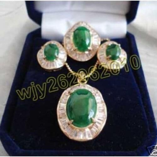 Hot selling> elegant green Natural stone inlaid Zircon Necklace Earrings Ring Set AAA GP watch Quartz stone crystal ( -Br