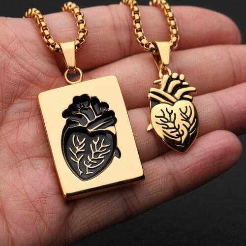 Gothic Anatomical Heart Pendant Necklace Set & Puzzle Couple Gold Stainless Steel Chain Heart Necklace Collares BFF Jewelry