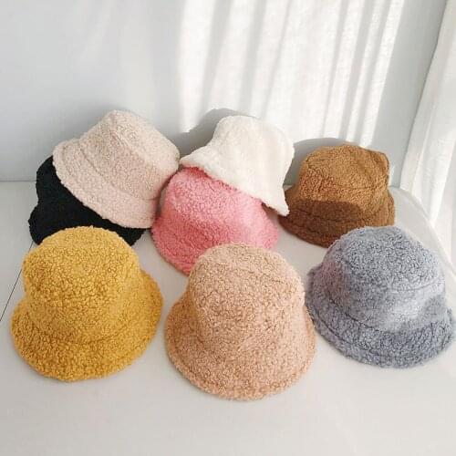 KENSHELLEY Lamb Wool Letter Women Solid Color Fishermans Hat Autumn Bucket Cap for Ladies Keep Warm Casual Female Flat Top Hat
