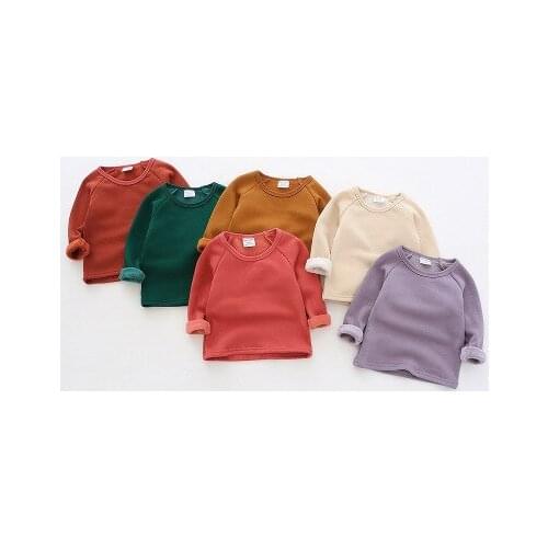 Baby Girls Boys Winter Warm T-shirts Kids Solid Long Sleeve Cotton Tops Thick Fleece T Shirts O-neck Pullover Children Clothing