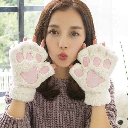 New Women Cute Cat Claw Paw Plush Mittens Warm Soft Plush Short Fingerless Fluffy Bear Cat Gloves Costume Half Finger Party Gift