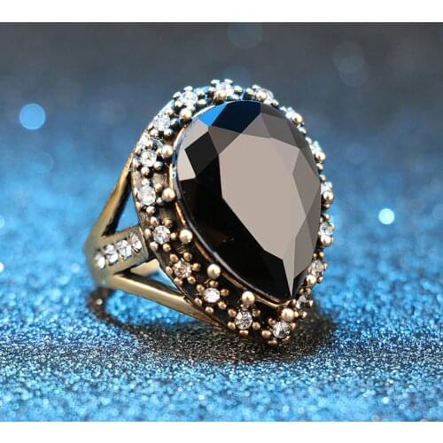Vintage Mosaic Zircon Rings 1PC Antique Golden Crystal Ring Turkish Oval Jewelry Black Red Green Resin Stone Women Boho Wedding