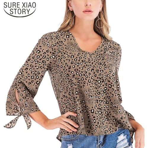 Bow Leopard V-Neck Blouse Shirt Korean Fashion Clothing 2019 Chiffon Blouse Three Quarter Women Harajuku Ladies Tops 3366 50