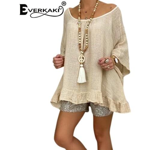 Everkaki Boho Solid Ruffles T-shirt Women Tees Summer Vacation Beach Loose Plus Oversize Casual Tops T-shirts Mujer Female 2021