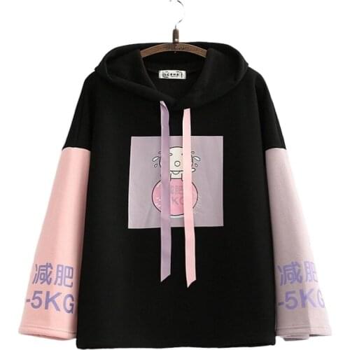 Women Cartoon Print Harajuku Hoodies Sweatshirts 2020 Autumn Winter Student Patchwork Hooded Plus Velvet Warm Thick Pullovers