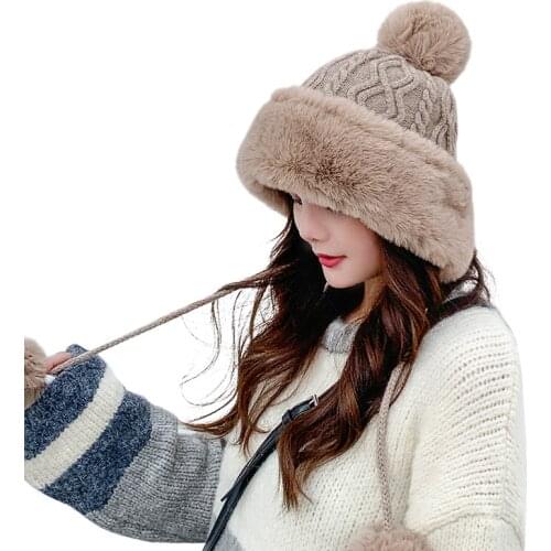 Autumn and winter ladies cotton and cashmere pullover cap Sanmao ball cute plus velvet thickening cold and warm pure color knitt