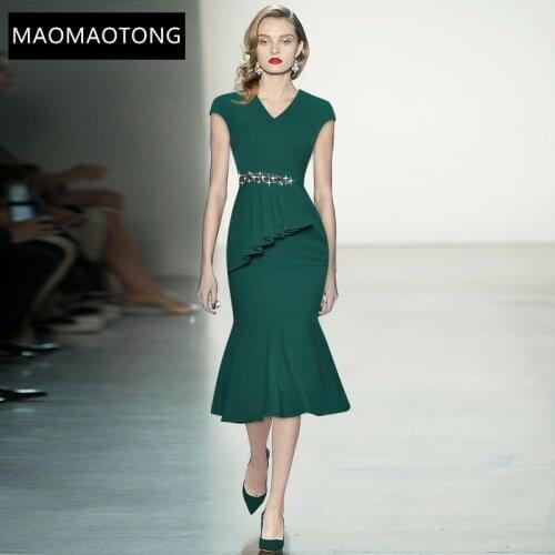 Fashion Runway Summer Party Mermaid Dress Women V-Neck Short Sleeve Beading Ruffles Solid Green Slim Midi Dress