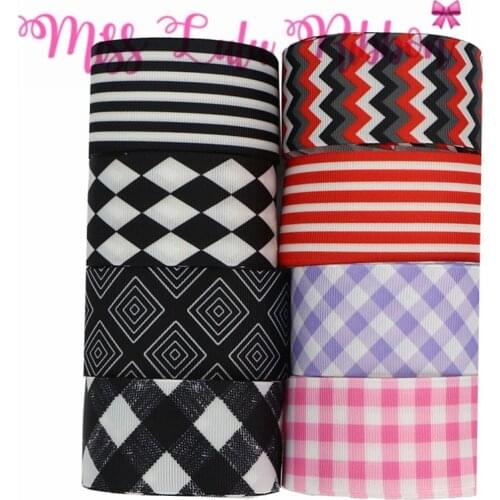 16mm-75mm Geometric Stripes Check Pink Black Printed Grosgrain/Foe Ribbon DIY Hair Bowknots 50yards/roll